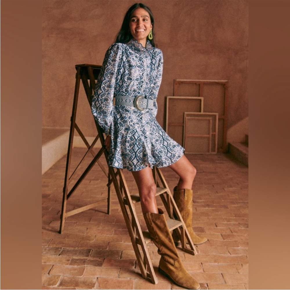 Sezane Blue and White Long Sleeve Marly Dress & Louve Belt (Sold Separately)